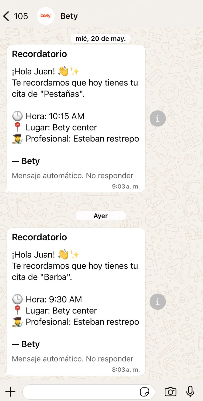 Recordatorio automático por WhatsApp enviado por Bety