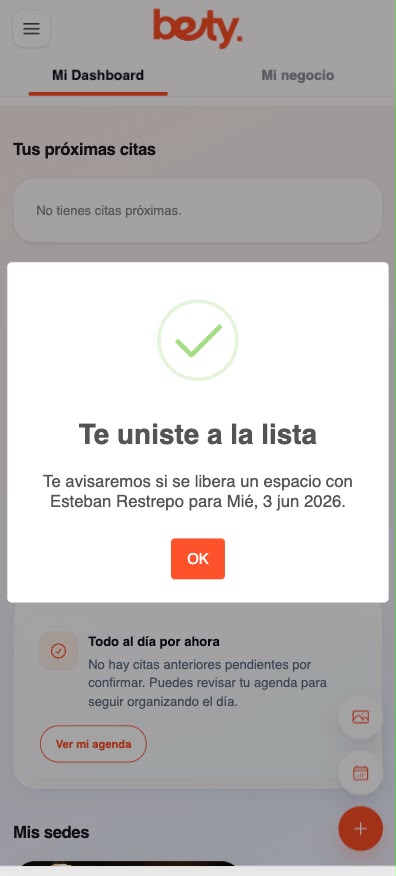 Notificación de lista de espera de Bety